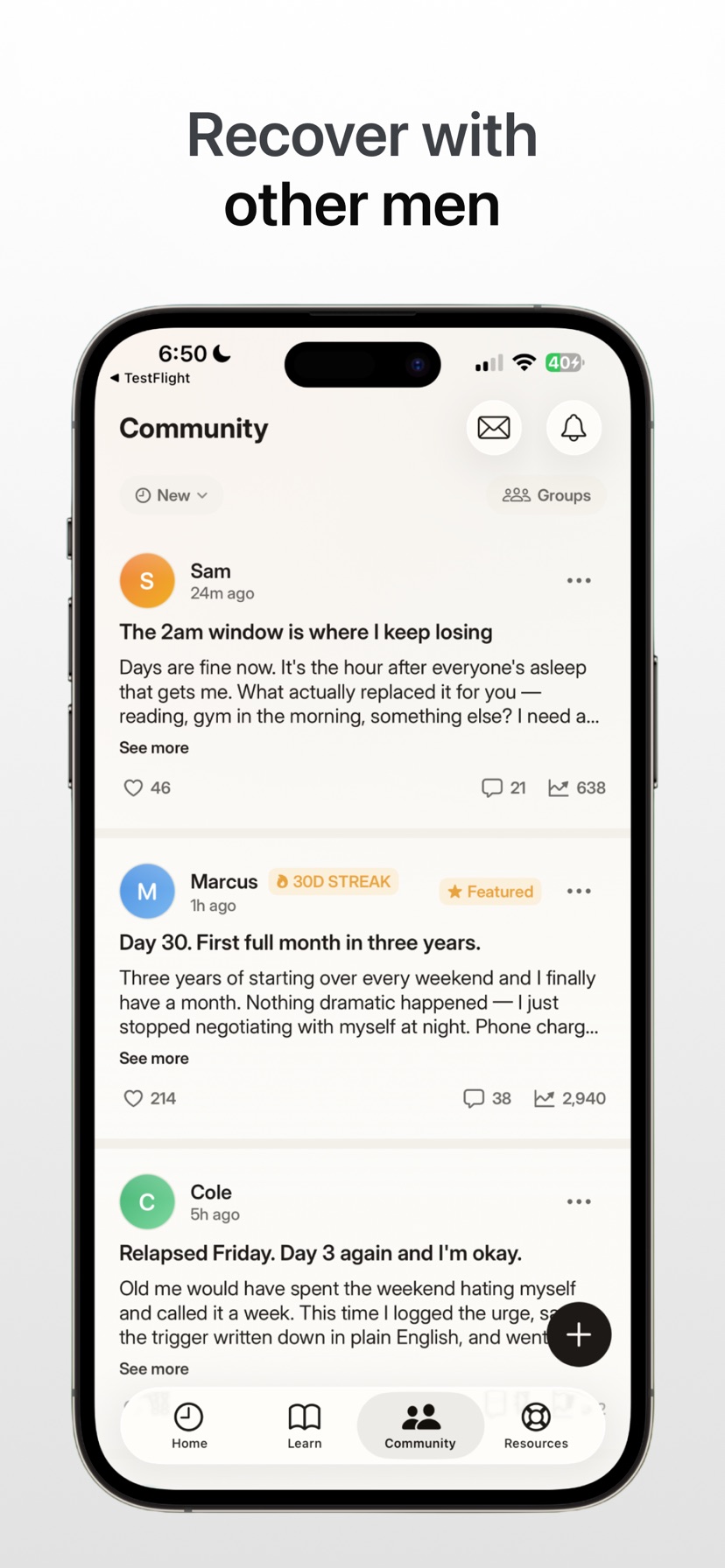 Community feed: men posting streak milestones, relapse check-ins, and support