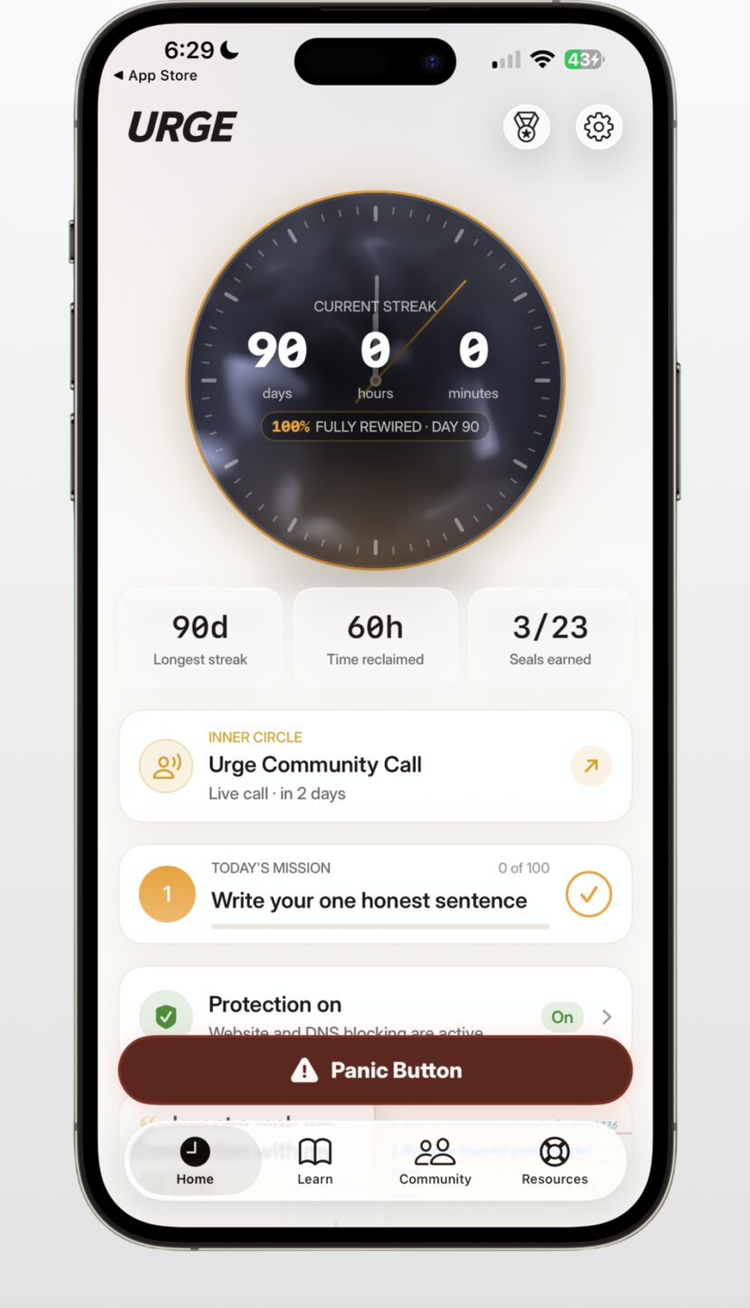 Urge home screen showing a 90-day clean streak on a live clock, protection on, and the Panic Button